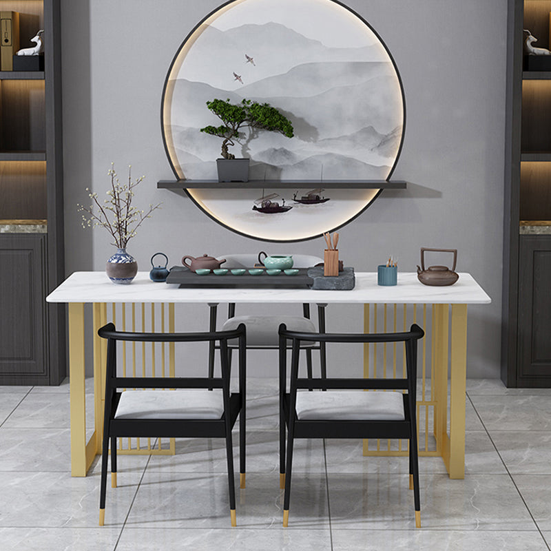 Glam Stone Dining Table Rectangle Iron Table with Golden Double Pedestal Table Clearhalo 'Dining Tables & Seating' 'Dining Tables' 'dining_table' 'furn' 'furn_dining_table' 'Furniture' 'furniture_dining_table' 'Kitchen & Dining Furniture' 'kitchen' 'kitchen_dining_table' 4876703