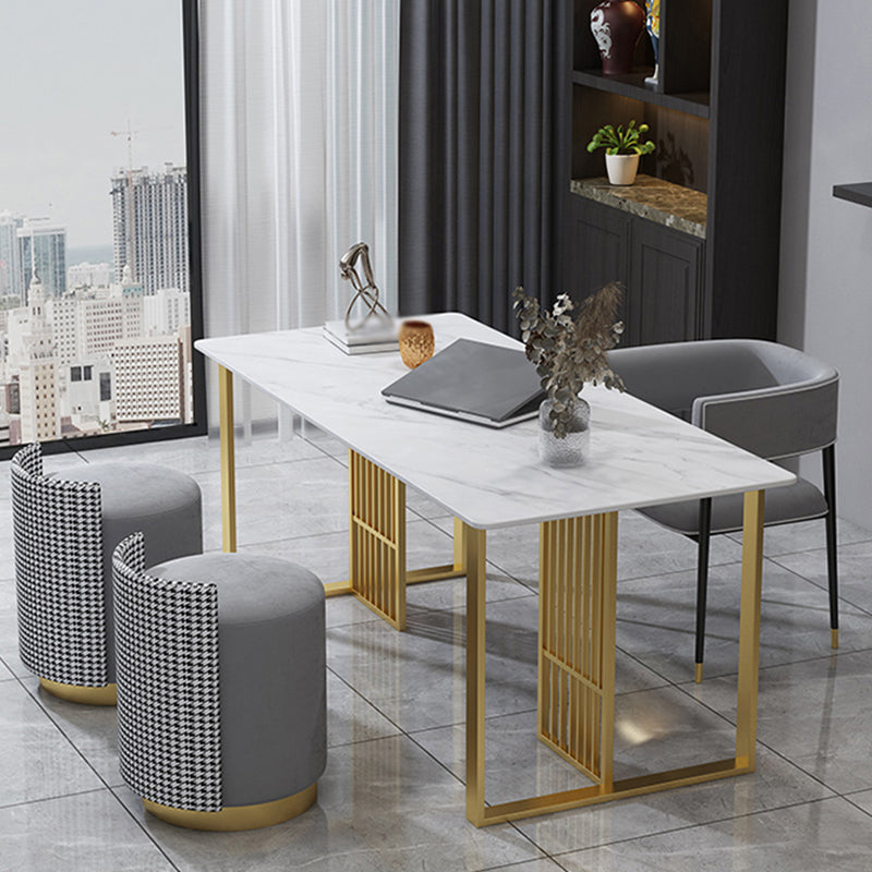 Glam Stone Dining Table Rectangle Iron Table with Golden Double Pedestal Table Clearhalo 'Dining Tables & Seating' 'Dining Tables' 'dining_table' 'furn' 'furn_dining_table' 'Furniture' 'furniture_dining_table' 'Kitchen & Dining Furniture' 'kitchen' 'kitchen_dining_table' 4876705