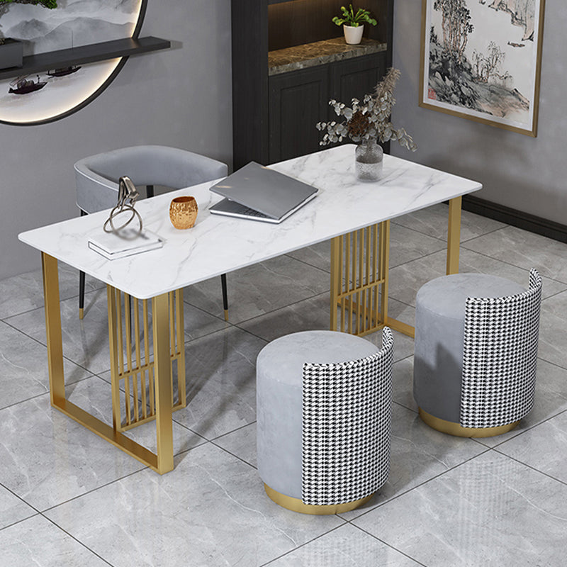 Glam Stone Dining Table Rectangle Iron Table with Golden Double Pedestal Table Clearhalo 'Dining Tables & Seating' 'Dining Tables' 'dining_table' 'furn' 'furn_dining_table' 'Furniture' 'furniture_dining_table' 'Kitchen & Dining Furniture' 'kitchen' 'kitchen_dining_table' 4876706
