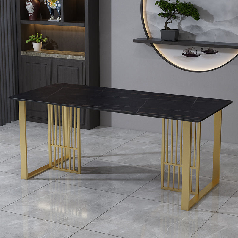 Glam Stone Dining Table Rectangle Iron Table with Golden Double Pedestal Table Black Gold Without Chairs Clearhalo 'Dining Tables & Seating' 'Dining Tables' 'dining_table' 'furn' 'furn_dining_table' 'Furniture' 'furniture_dining_table' 'Kitchen & Dining Furniture' 'kitchen' 'kitchen_dining_table' 4876707