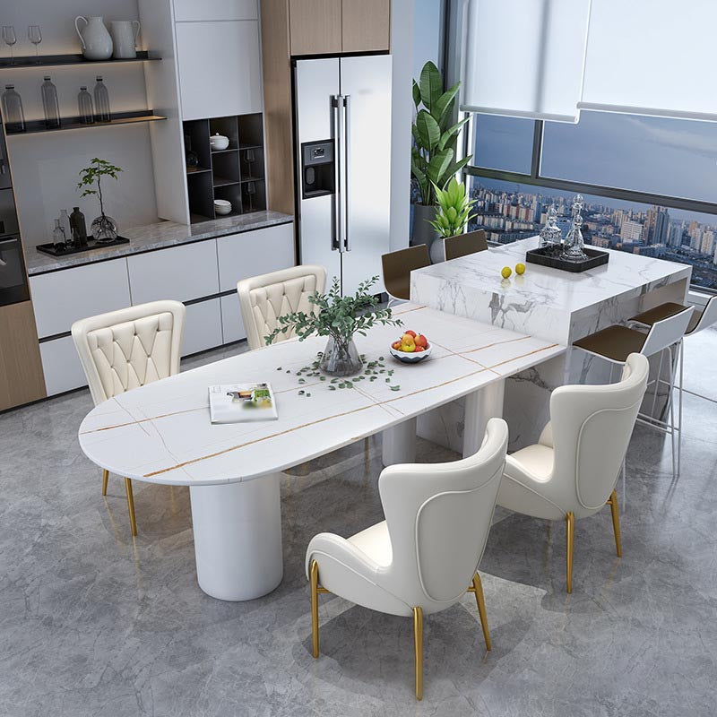 Modern Stone Top Table for Restaurant Oval Table with White Tripod Base White Gold 51.2"L x 27.6"W x 29.5"H Without Chairs Clearhalo 'Dining Tables & Seating' 'Dining Tables' 'dining_table' 'furn' 'furn_dining_table' 'Furniture' 'furniture_dining_table' 'Kitchen & Dining Furniture' 'kitchen' 'kitchen_dining_table' 4876714