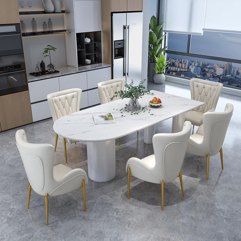 Modern Stone Top Table for Restaurant Oval Table with White Tripod Base White 63"L x 27.6"W x 29.5"H Without Chairs Clearhalo 'Dining Tables & Seating' 'Dining Tables' 'dining_table' 'furn' 'furn_dining_table' 'Furniture' 'furniture_dining_table' 'Kitchen & Dining Furniture' 'kitchen' 'kitchen_dining_table' 4876715