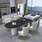 Modern Stone Top Table for Restaurant Oval Table with White Tripod Base Black Gold 63"L x 27.6"W x 29.5"H Without Chairs Clearhalo 'Dining Tables & Seating' 'Dining Tables' 'dining_table' 'furn' 'furn_dining_table' 'Furniture' 'furniture_dining_table' 'Kitchen & Dining Furniture' 'kitchen' 'kitchen_dining_table' 4876716