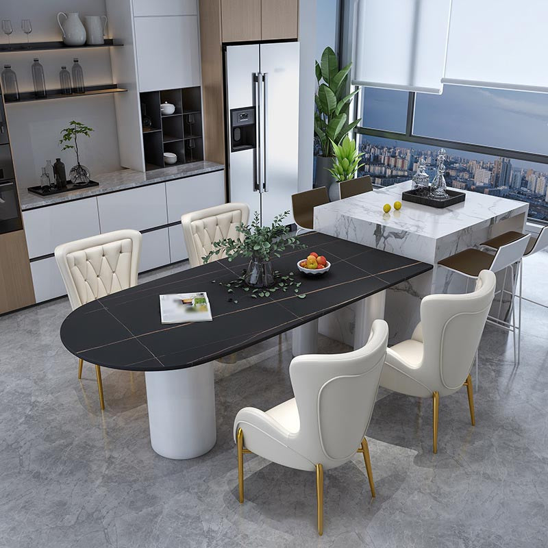 Modern Stone Top Table for Restaurant Oval Table with White Tripod Base Black Gold 63"L x 27.6"W x 29.5"H Without Chairs Clearhalo 'Dining Tables & Seating' 'Dining Tables' 'dining_table' 'furn' 'furn_dining_table' 'Furniture' 'furniture_dining_table' 'Kitchen & Dining Furniture' 'kitchen' 'kitchen_dining_table' 4876716