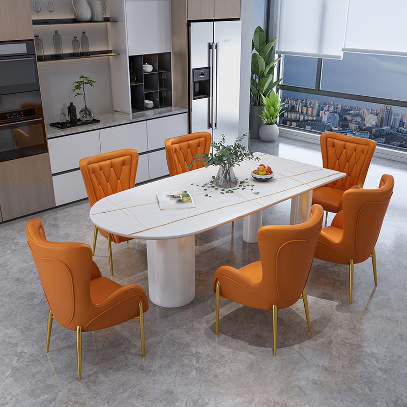 Modern Stone Top Table for Restaurant Oval Table with White Tripod Base White Gold 70.9"L x 31.5"W x 29.5"H Without Chairs Clearhalo 'Dining Tables & Seating' 'Dining Tables' 'dining_table' 'furn' 'furn_dining_table' 'Furniture' 'furniture_dining_table' 'Kitchen & Dining Furniture' 'kitchen' 'kitchen_dining_table' 4876717