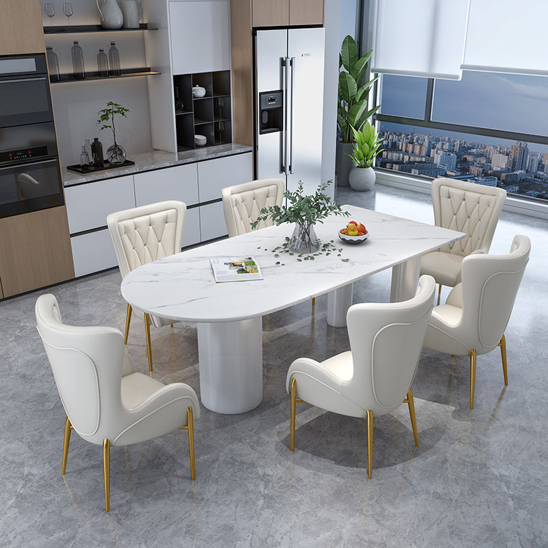 Oval White Base Dining Table Modern Stone Tripod Iron base Table White 70.9"L x 35.4"W x 29.5"H Without Chairs Clearhalo 'Dining Tables & Seating' 'Dining Tables' 'dining_table' 'furn' 'furn_dining_table' 'Furniture' 'furniture_dining_table' 'Kitchen & Dining Furniture' 'kitchen' 'kitchen_dining_table' 4876730