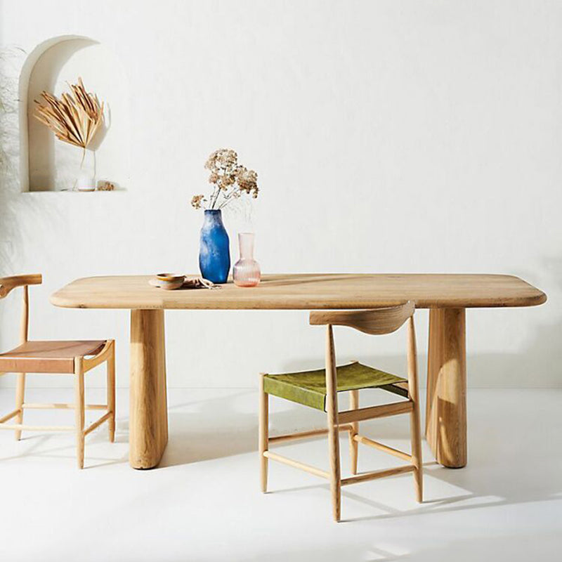 Contemporary Dining Table Natural Solid Wood Dining Table with Double Pedestal Natural 63"L x 31.5"W x 29.5"H Without Chairs Clearhalo 'Dining Tables & Seating' 'Dining Tables' 'dining_table' 'furn' 'furn_dining_table' 'Furniture' 'furniture_dining_table' 'Kitchen & Dining Furniture' 'kitchen' 'kitchen_dining_table' 4876780