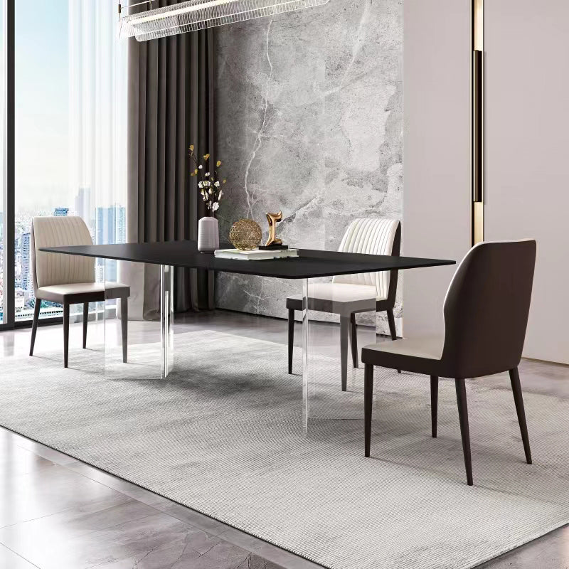 Rectangle Stone Top Dining Table Acrylic Base Modern Dining Table for Living Room Black 63"L x 27.6"W x 29.5"H Without Chairs Clearhalo 'Dining Tables & Seating' 'Dining Tables' 'dining_table' 'furn' 'furn_dining_table' 'Furniture' 'furniture_dining_table' 'Kitchen & Dining Furniture' 'kitchen' 'kitchen_dining_table' 4876843