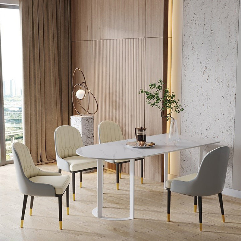 Simplicity Style Furniture Double Pedestal Stone Dining Site Table for Home White 55.1"L x 31.5"W x 29.5"H Without Chairs Clearhalo 'Dining Tables & Seating' 'Dining Tables' 'dining_table' 'furn' 'furn_dining_table' 'Furniture' 'furniture_dining_table' 'Kitchen & Dining Furniture' 'kitchen' 'kitchen_dining_table' 4876935