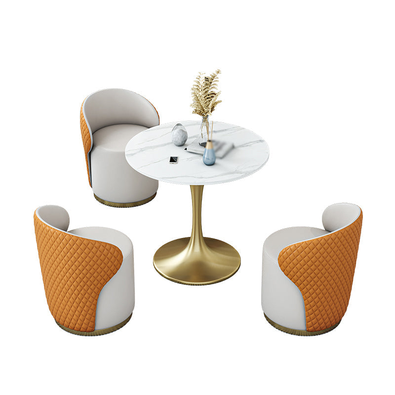 Glam 1/2/4/5 Pieces Gold Dinette Set with White Sintered Stone Top Round Dining Table Set 4 Pieces: Table, 3 Orange Chairs Clearhalo 'Dining Room Sets' 'Dining Tables & Seating' 'dining_room_set' 'furn' 'furn_dining_room_set' 'Furniture' 'furniture_dining_room_set' 'Kitchen & Dining Furniture' 4877780