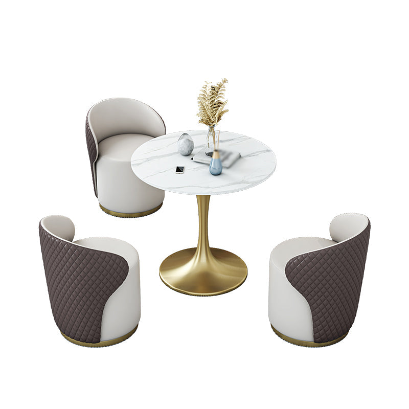 Glam 1/2/4/5 Pieces Gold Dinette Set with White Sintered Stone Top Round Dining Table Set 4 Pieces: White Table, 3 Brown Chairs Clearhalo 'Dining Room Sets' 'Dining Tables & Seating' 'dining_room_set' 'furn' 'furn_dining_room_set' 'Furniture' 'furniture_dining_room_set' 'Kitchen & Dining Furniture' 4877784
