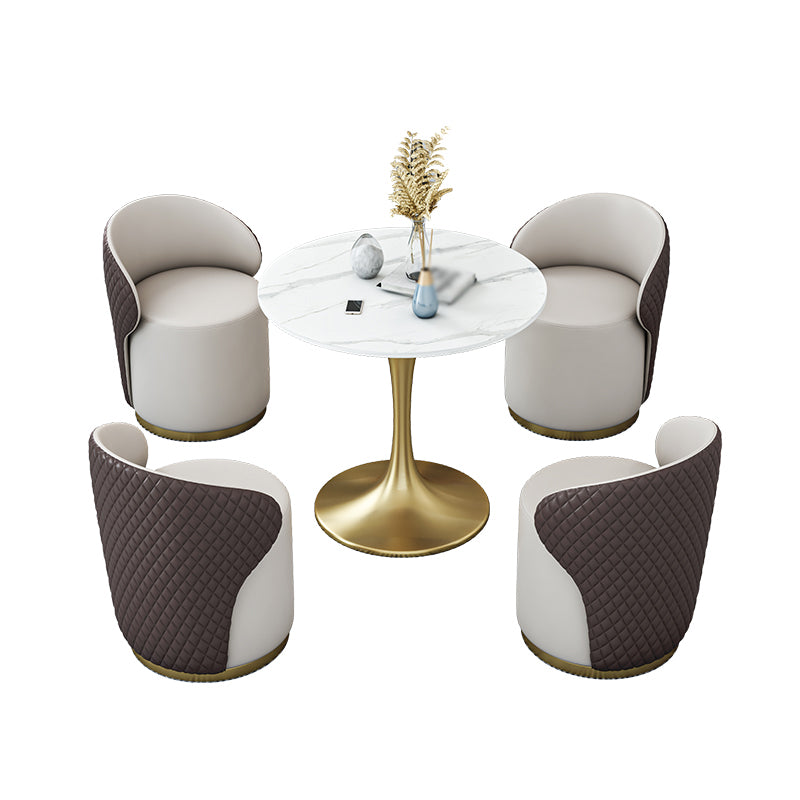 Glam 1/2/4/5 Pieces Gold Dinette Set with White Sintered Stone Top Round Dining Table Set 5 Pieces: Table, 4 Brown Chairs Clearhalo 'Dining Room Sets' 'Dining Tables & Seating' 'dining_room_set' 'furn' 'furn_dining_room_set' 'Furniture' 'furniture_dining_room_set' 'Kitchen & Dining Furniture' 4877785