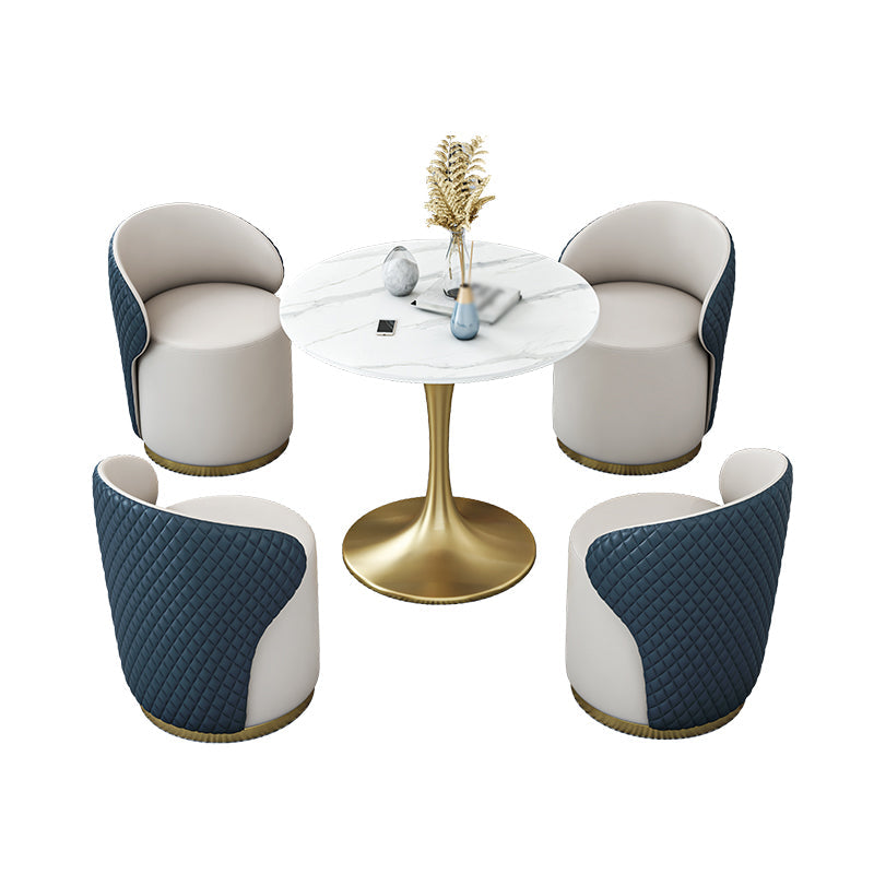 Glam 1/2/4/5 Pieces Gold Dinette Set with White Sintered Stone Top Round Dining Table Set 5 Pieces: Table, 4 Blue Chairs Clearhalo 'Dining Room Sets' 'Dining Tables & Seating' 'dining_room_set' 'furn' 'furn_dining_room_set' 'Furniture' 'furniture_dining_room_set' 'Kitchen & Dining Furniture' 4877789