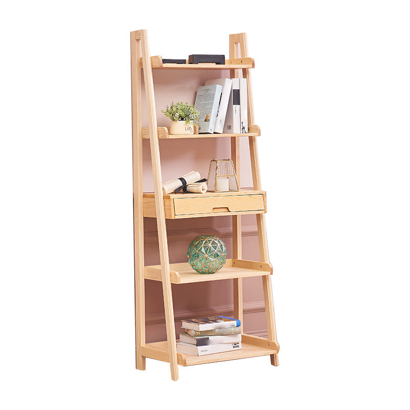 Scandinavian Ladder Bookshelf Vertical Open Ash Bookcase for Living Room 23.6"L x 15"W x 64.2"H Natural Drawers Clearhalo 'Bookcases' 'furn' 'furn_bookcases' 'Furniture' 'furniture_bookcases' 'Office Furniture' 4878731