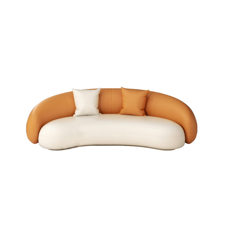 Beige Scandinavian Curved Sofa Tight Back Couch with Tuxedo Arm White-Orange Faux Leather Clearhalo 'furn' 'furn_sofas' 'Furniture' 'furniture_sofas' 'Living Room Furniture' 'Sofa' 'sofas' 4882718