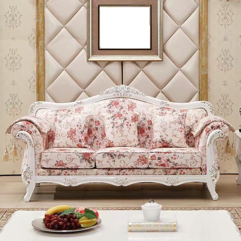 Traditional Tufted Rolled Arm Settee Slipcovered Sofa for Three People White-Yellow-Pink Clearhalo 'furn' 'furn_sofas' 'Furniture' 'furniture_sofas' 'Living Room Furniture' 'Sofa' 'sofas' 4882974