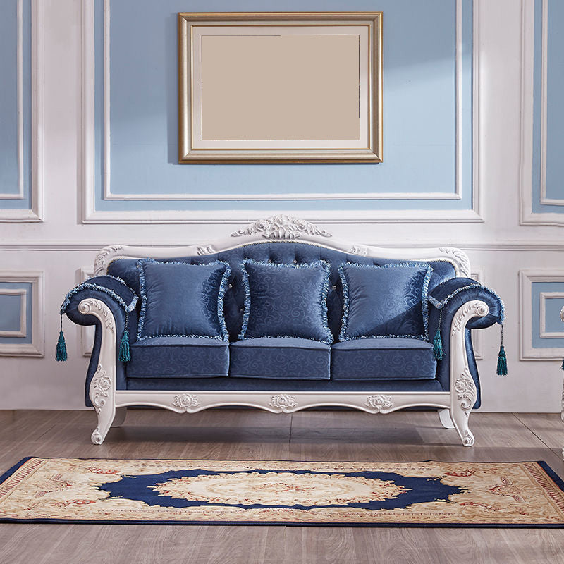 Traditional Tufted Rolled Arm Settee Slipcovered Sofa for Three People Blue-White Clearhalo 'furn' 'furn_sofas' 'Furniture' 'furniture_sofas' 'Living Room Furniture' 'Sofa' 'sofas' 4882976