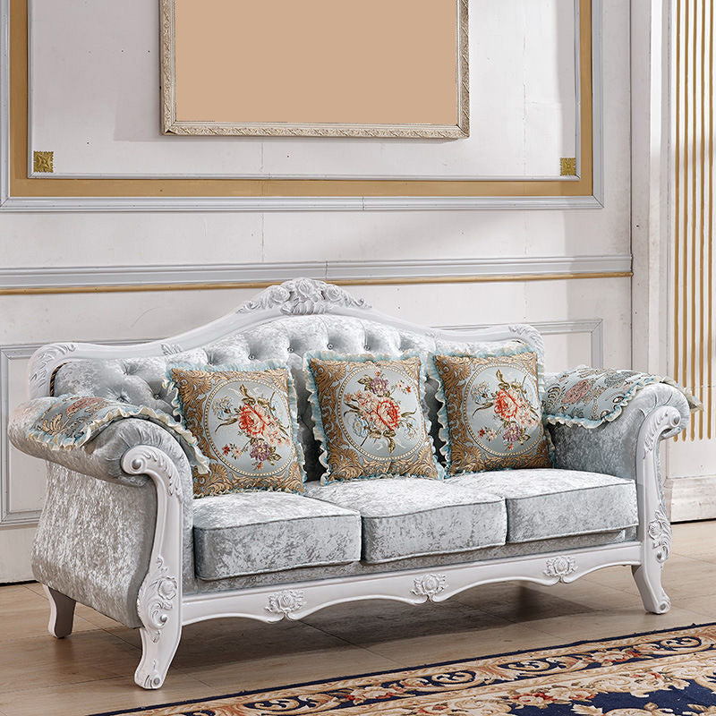 Traditional Tufted Rolled Arm Settee Slipcovered Sofa for Three People Green-White Clearhalo 'furn' 'furn_sofas' 'Furniture' 'furniture_sofas' 'Living Room Furniture' 'Sofa' 'sofas' 4882978