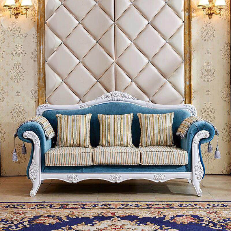 Traditional Tufted Rolled Arm Settee Slipcovered Sofa for Three People White-Blue Clearhalo 'furn' 'furn_sofas' 'Furniture' 'furniture_sofas' 'Living Room Furniture' 'Sofa' 'sofas' 4882997