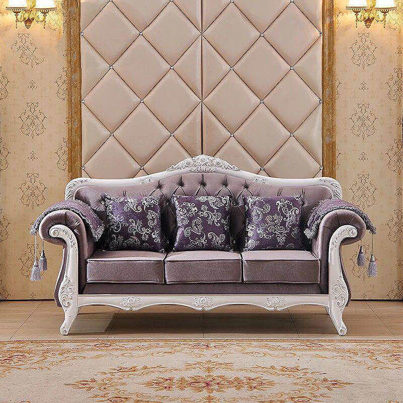 Traditional Tufted Rolled Arm Settee Slipcovered Sofa for Three People White-Purple Clearhalo 'furn' 'furn_sofas' 'Furniture' 'furniture_sofas' 'Living Room Furniture' 'Sofa' 'sofas' 4883003