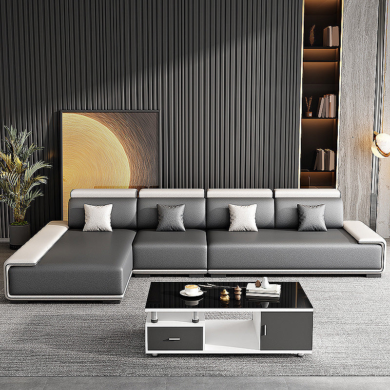 132"L Modern 5-Seat Sectional Fabric Cushion Back Sofa and Chaise Grey Beige Sponge Clearhalo 'furn' 'furn_sectionals' 'Furniture' 'furniture_sectionals' 'Living Room Furniture' 'Sectionals' 4883112