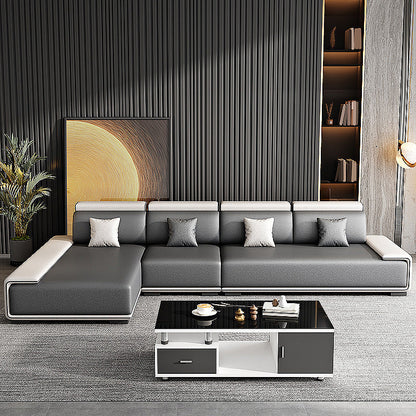 132"L Modern 5-Seat Sectional Fabric Cushion Back Sofa and Chaise Grey Beige Sponge Clearhalo 'furn' 'furn_sectionals' 'Furniture' 'furniture_sectionals' 'Living Room Furniture' 'Sectionals' 4883112
