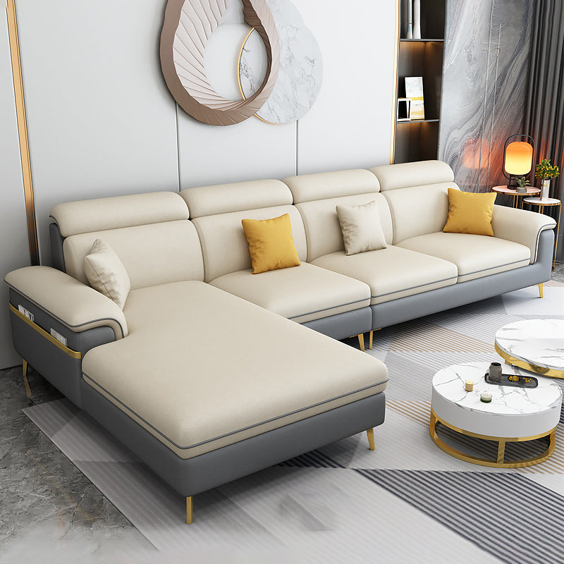 125.98" L Stain-Resistant Faux Leather Sectional Pillow Top Arm Sofa and Chaise Grey-Yellow-Beige Left Clearhalo 'furn' 'furn_sectionals' 'Furniture' 'furniture_sectionals' 'Living Room Furniture' 'Sectionals' 4883139