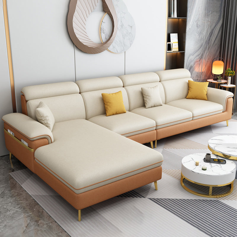 125.98" L Faux Leather Sectional Stain-Resistant Pillow Top Arm Sofa Orange White Left Clearhalo 'furn' 'furn_sectionals' 'Furniture' 'furniture_sectionals' 'Living Room Furniture' 'Sectionals' 4883165