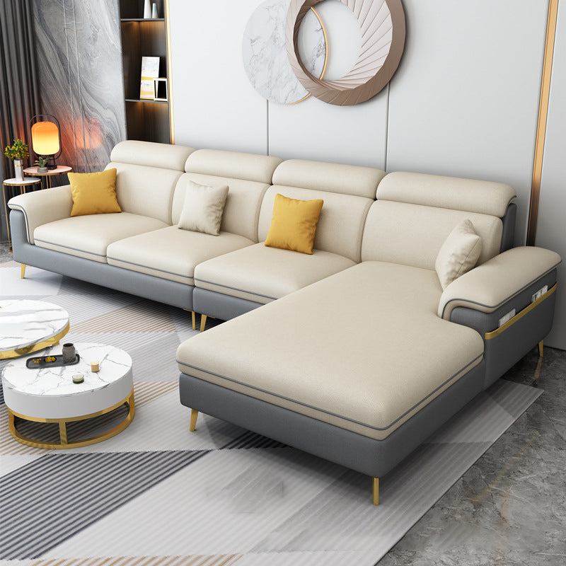 125.98" L Faux Leather Sectional Stain-Resistant Pillow Top Arm Sofa Grey-Yellow-Beige Right Clearhalo 'furn' 'furn_sectionals' 'Furniture' 'furniture_sectionals' 'Living Room Furniture' 'Sectionals' 4883167