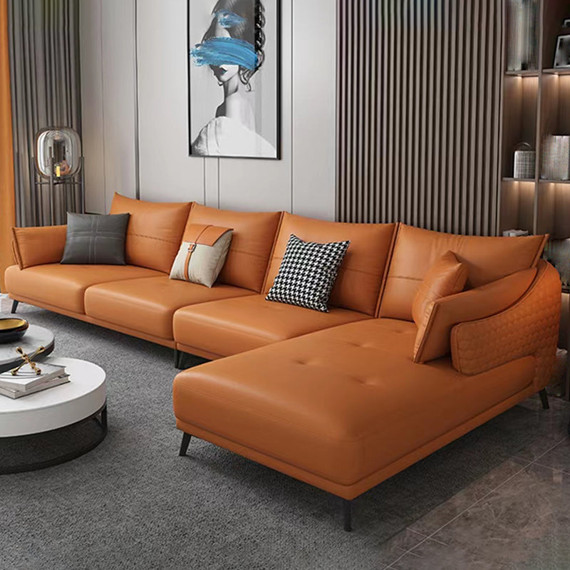 131.88" L x 66.92" W x 33.46" H Genuine Leather Sofa Pillow Top Arm Sectional Orange Right Clearhalo 'furn' 'furn_sectionals' 'Furniture' 'furniture_sectionals' 'Living Room Furniture' 'Sectionals' 4883247