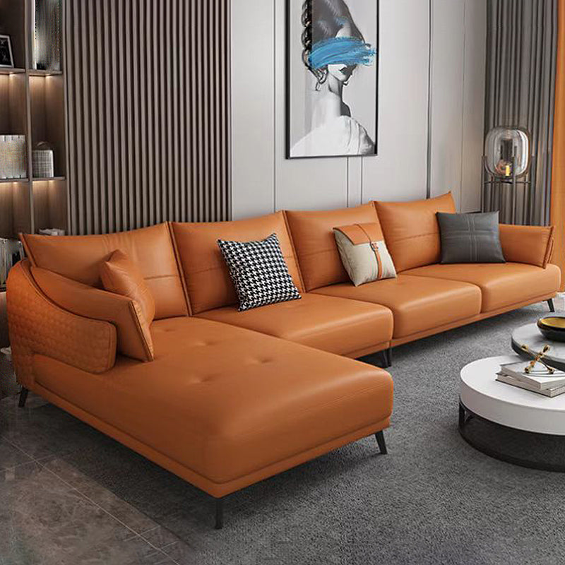 131.88" L x 66.92" W x 33.46" H Genuine Leather Sofa Pillow Top Arm Sectional Orange Left Clearhalo 'furn' 'furn_sectionals' 'Furniture' 'furniture_sectionals' 'Living Room Furniture' 'Sectionals' 4883254