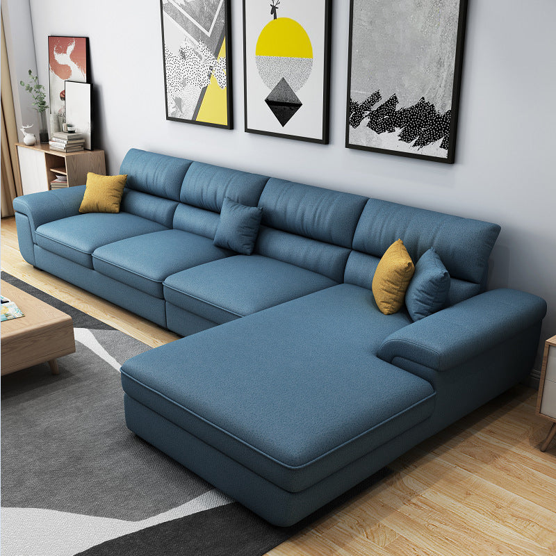 Contemporary Linen/Faux Leather Cushions Sectional Pillow Top Arm Sofa and Chaise Dark Blue Faux Leather Clearhalo 'furn' 'furn_sectionals' 'Furniture' 'furniture_sectionals' 'Living Room Furniture' 'Sectionals' 4883271
