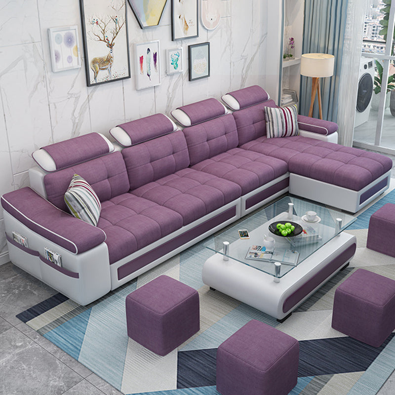 L-shape Faux Leather/Linen Blend Sectional Right Facing Sofa with Ottoman Included Purple Linen Blend Clearhalo 'Furniture' 'furniture_sectionals' 'Living Room Furniture' 'Sectionals' 4883286