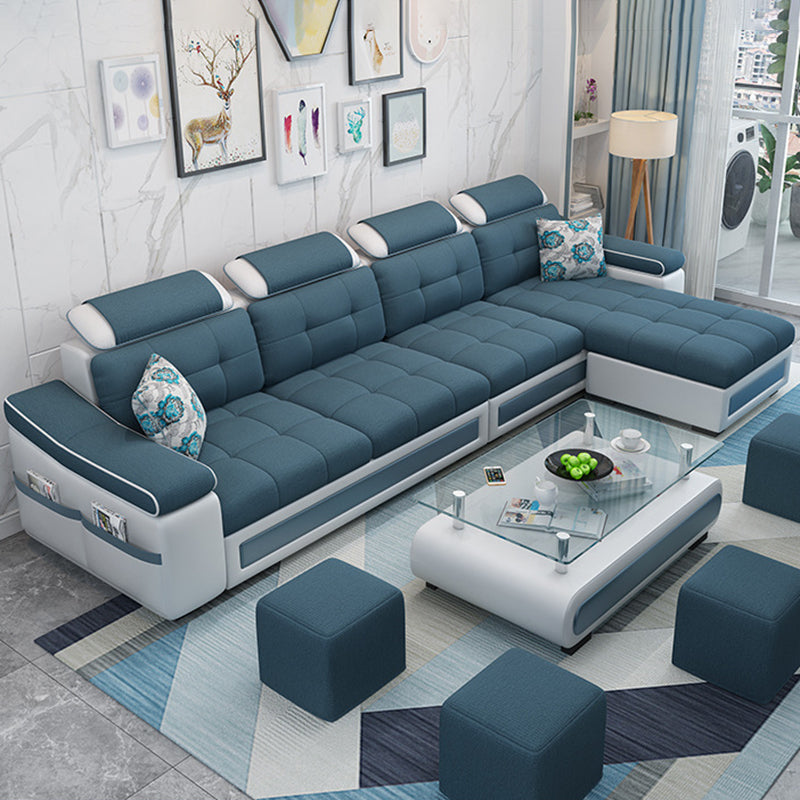 L-shape Faux Leather/Linen Blend Sectional Right Facing Sofa with Ottoman Included Dark Blue Linen Blend Clearhalo 'Furniture' 'furniture_sectionals' 'Living Room Furniture' 'Sectionals' 4883288