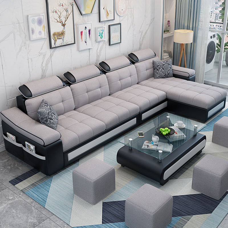 L-shape Faux Leather/Linen Blend Sectional Right Facing Sofa with Ottoman Included Grey Linen Blend Clearhalo 'Furniture' 'furniture_sectionals' 'Living Room Furniture' 'Sectionals' 4883289