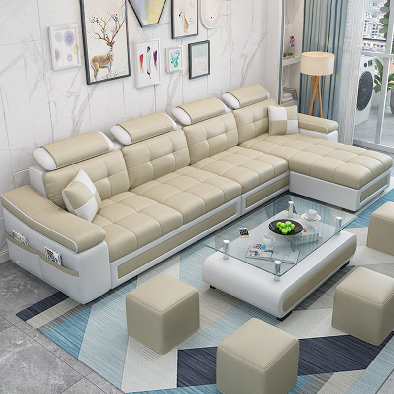 L-shape Faux Leather/Linen Blend Sectional Right Facing Sofa with Ottoman Included Beige Faux Leather Clearhalo 'Furniture' 'furniture_sectionals' 'Living Room Furniture' 'Sectionals' 4883290