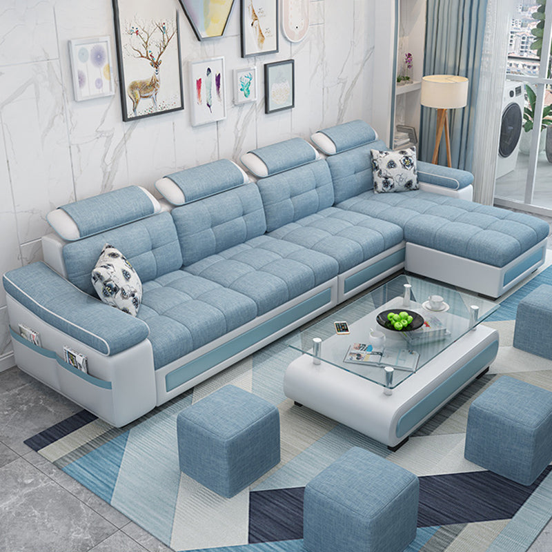 L-shape Faux Leather/Linen Blend Sectional Right Facing Sofa with Ottoman Included Blue Linen Blend Foam Clearhalo 'Furniture' 'furniture_sectionals' 'Living Room Furniture' 'Sectionals' 4883292