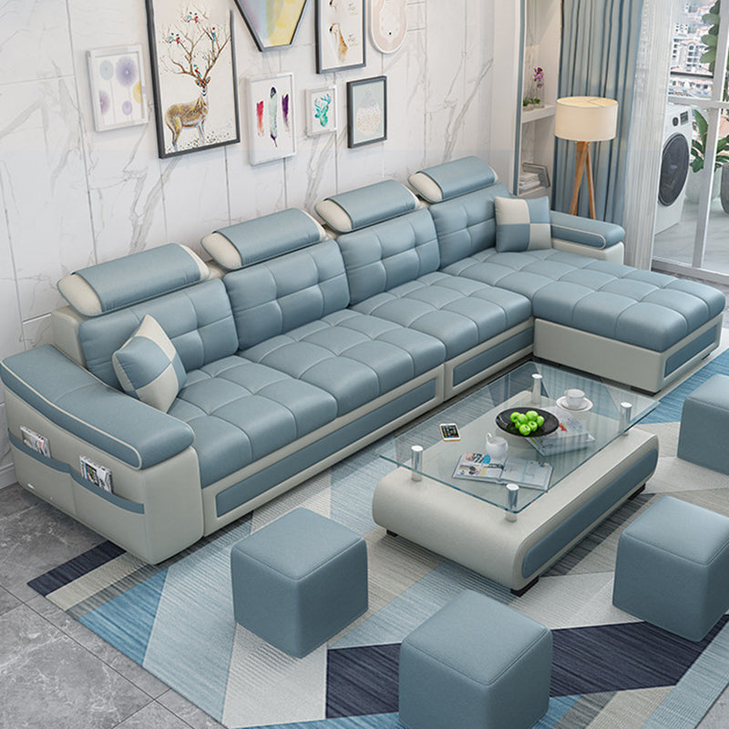 L-shape Faux Leather/Linen Blend Sectional Right Facing Sofa with Ottoman Included Blue Faux Leather Clearhalo 'Furniture' 'furniture_sectionals' 'Living Room Furniture' 'Sectionals' 4883294