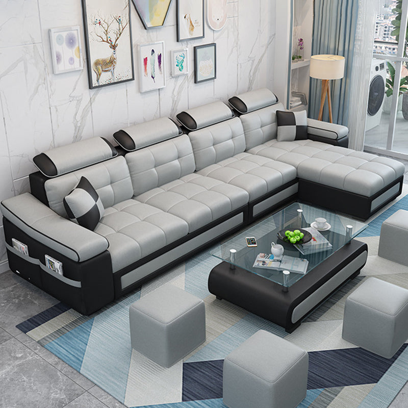 L-shape Faux Leather/Linen Blend Sectional Right Facing Sofa with Ottoman Included Grey Faux Leather Clearhalo 'Furniture' 'furniture_sectionals' 'Living Room Furniture' 'Sectionals' 4883295