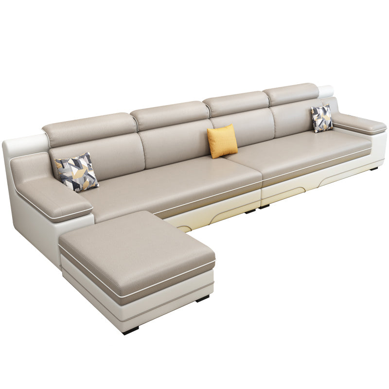 Contemporary Reversible Sectional Linen/Faux Leather Sofa with Ottoman for Four People Khaki-White Clearhalo 'furn' 'furn_sectionals' 'Furniture' 'furniture_sectionals' 'Living Room Furniture' 'Sectionals' 4883320