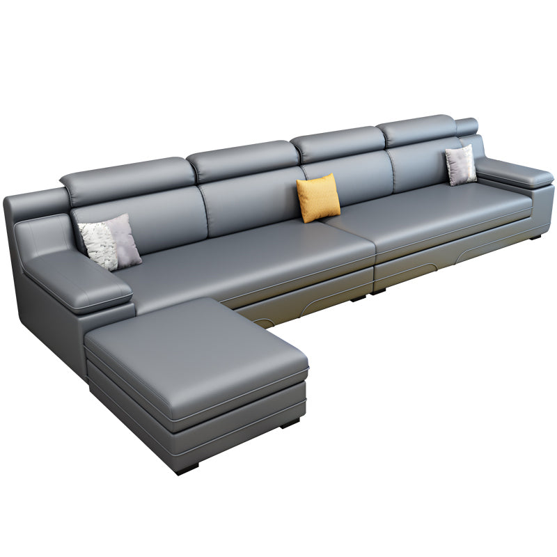 Contemporary Reversible Sectional Linen/Faux Leather Sofa with Ottoman for Four People Dark Gray Latex Clearhalo 'furn' 'furn_sectionals' 'Furniture' 'furniture_sectionals' 'Living Room Furniture' 'Sectionals' 4883322