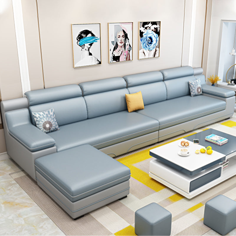 Contemporary Reversible Sectional Linen/Faux Leather Sofa with Ottoman for Four People Light Blue Memory Foam Clearhalo 'furn' 'furn_sectionals' 'Furniture' 'furniture_sectionals' 'Living Room Furniture' 'Sectionals' 4883323