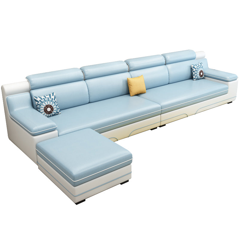 Contemporary Reversible Sectional Linen/Faux Leather Sofa with Ottoman for Four People Light Blue-White Clearhalo 'furn' 'furn_sectionals' 'Furniture' 'furniture_sectionals' 'Living Room Furniture' 'Sectionals' 4883325