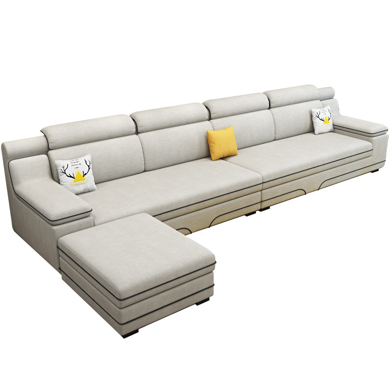 Contemporary Reversible Sectional Linen/Faux Leather Sofa with Ottoman for Four People Off-White Clearhalo 'furn' 'furn_sectionals' 'Furniture' 'furniture_sectionals' 'Living Room Furniture' 'Sectionals' 4883327