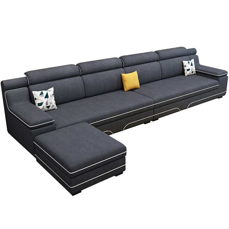 Contemporary Reversible Sectional Linen/Faux Leather Sofa with Ottoman for Four People Black Clearhalo 'furn' 'furn_sectionals' 'Furniture' 'furniture_sectionals' 'Living Room Furniture' 'Sectionals' 4883329
