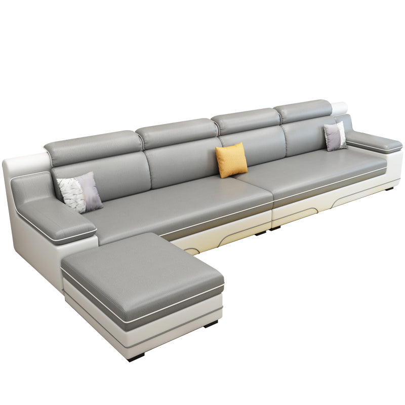 Contemporary Reversible Sectional Linen/Faux Leather Sofa with Ottoman for Four People Light Gray-White Clearhalo 'furn' 'furn_sectionals' 'Furniture' 'furniture_sectionals' 'Living Room Furniture' 'Sectionals' 4883330