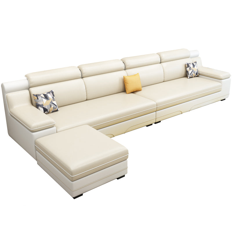 Contemporary Reversible Sectional Linen/Faux Leather Sofa with Ottoman for Four People Beige-White-Clear Clearhalo 'furn' 'furn_sectionals' 'Furniture' 'furniture_sectionals' 'Living Room Furniture' 'Sectionals' 4883333