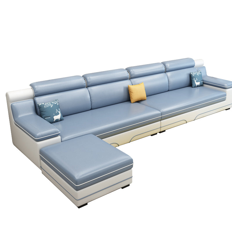 Contemporary Reversible Sectional Linen/Faux Leather Sofa with Ottoman for Four People Dark Blue-White Clearhalo 'furn' 'furn_sectionals' 'Furniture' 'furniture_sectionals' 'Living Room Furniture' 'Sectionals' 4883335