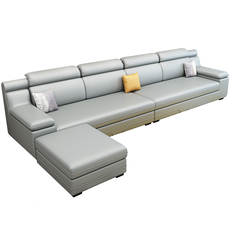 Contemporary Reversible Sectional Linen/Faux Leather Sofa with Ottoman for Four People Light Gray Latex Clearhalo 'furn' 'furn_sectionals' 'Furniture' 'furniture_sectionals' 'Living Room Furniture' 'Sectionals' 4883336