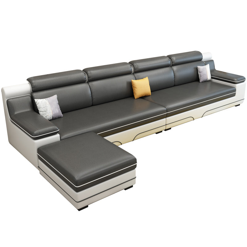Contemporary Reversible Sectional Linen/Faux Leather Sofa with Ottoman for Four People Coffee-White Clearhalo 'furn' 'furn_sectionals' 'Furniture' 'furniture_sectionals' 'Living Room Furniture' 'Sectionals' 4883338